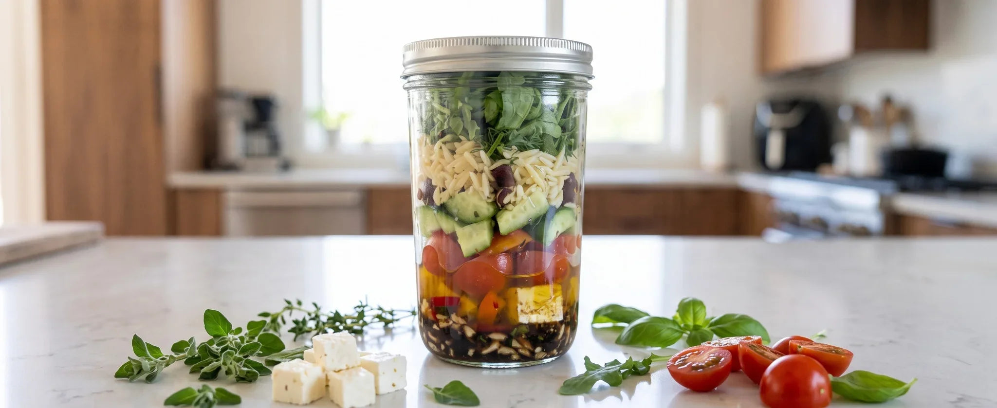 5-Minute Marinated Feta & Tomato Orzo Salad in a Jar